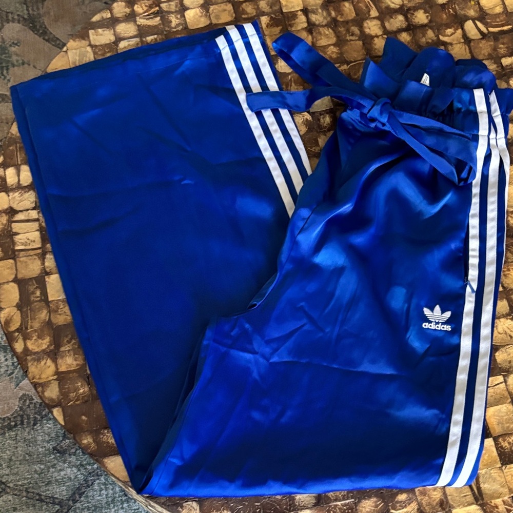 Adidas Women’s Blue Satin Track Pants with Side Stripes